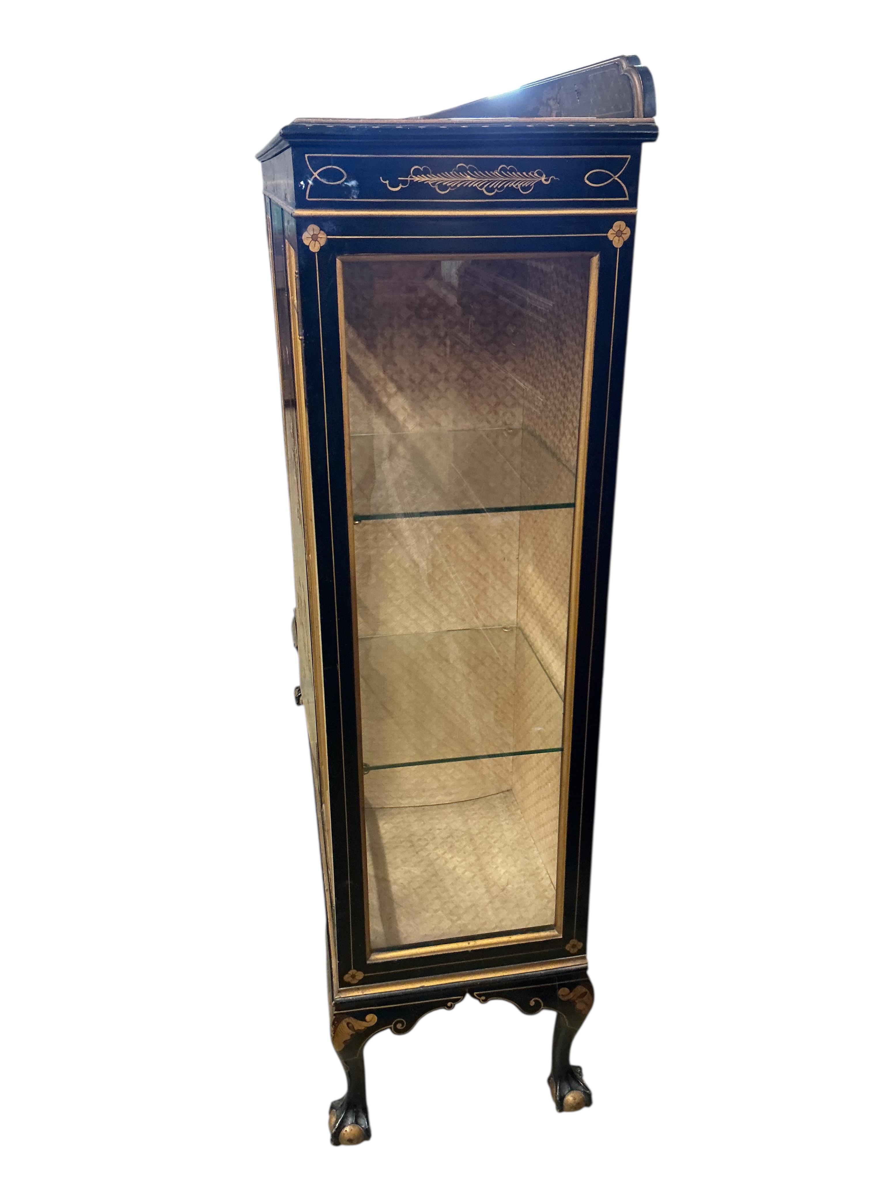 An early 20th century chinoiserie lacquer display cabinet, width 124cm, depth 34cm, height 130cm